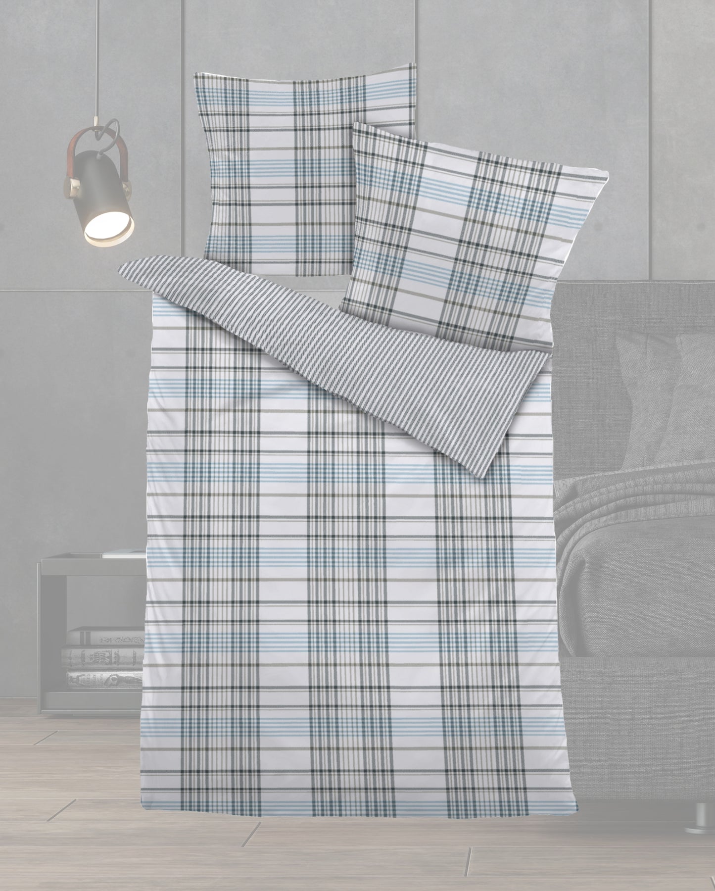 Fine flannel bed linen Dormisette Check Grey/Blue