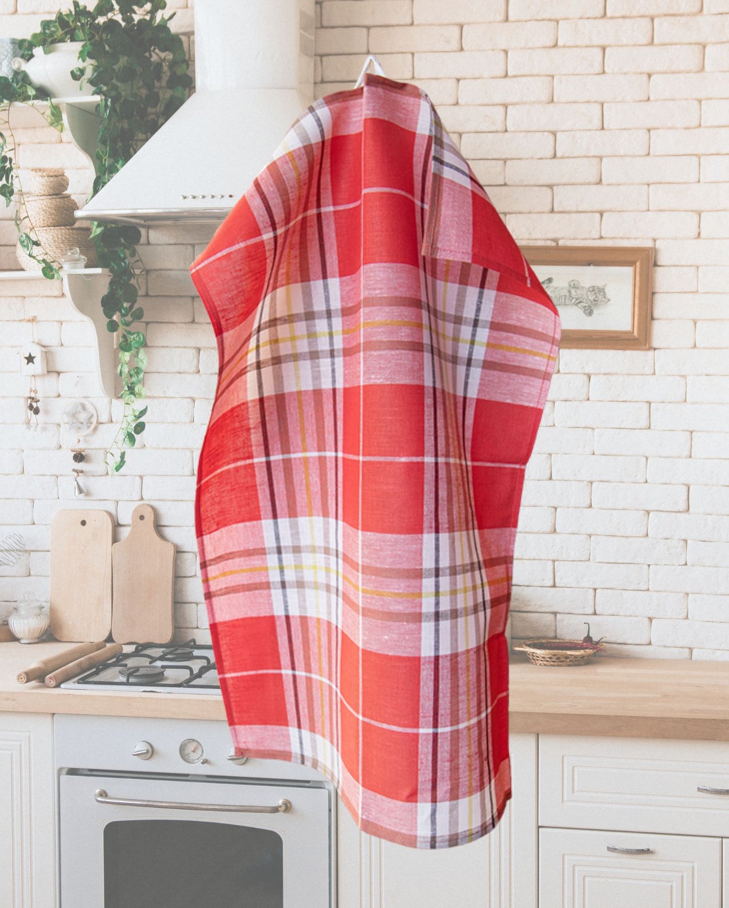 Tea Towel Red Checked 50x70cm Linen &amp; Cotton