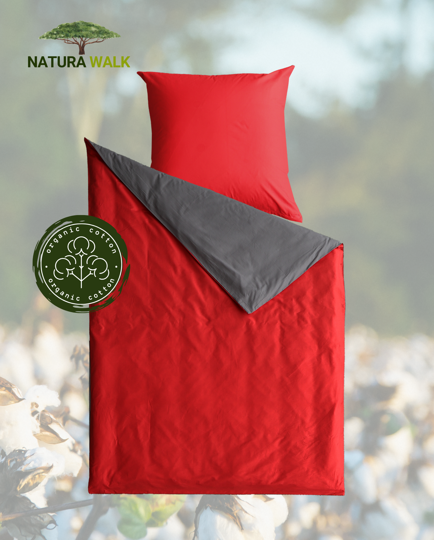 Renforcé reversible bed linen, NATURAWALK, 100% organic cotton, anthracite/red, 135x200cm 