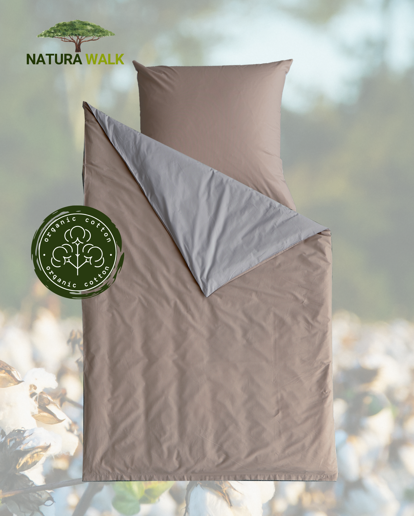 Renforcé reversible bed linen, NATURAWALK, 100% organic cotton, light grey/taupe, 135x200cm 